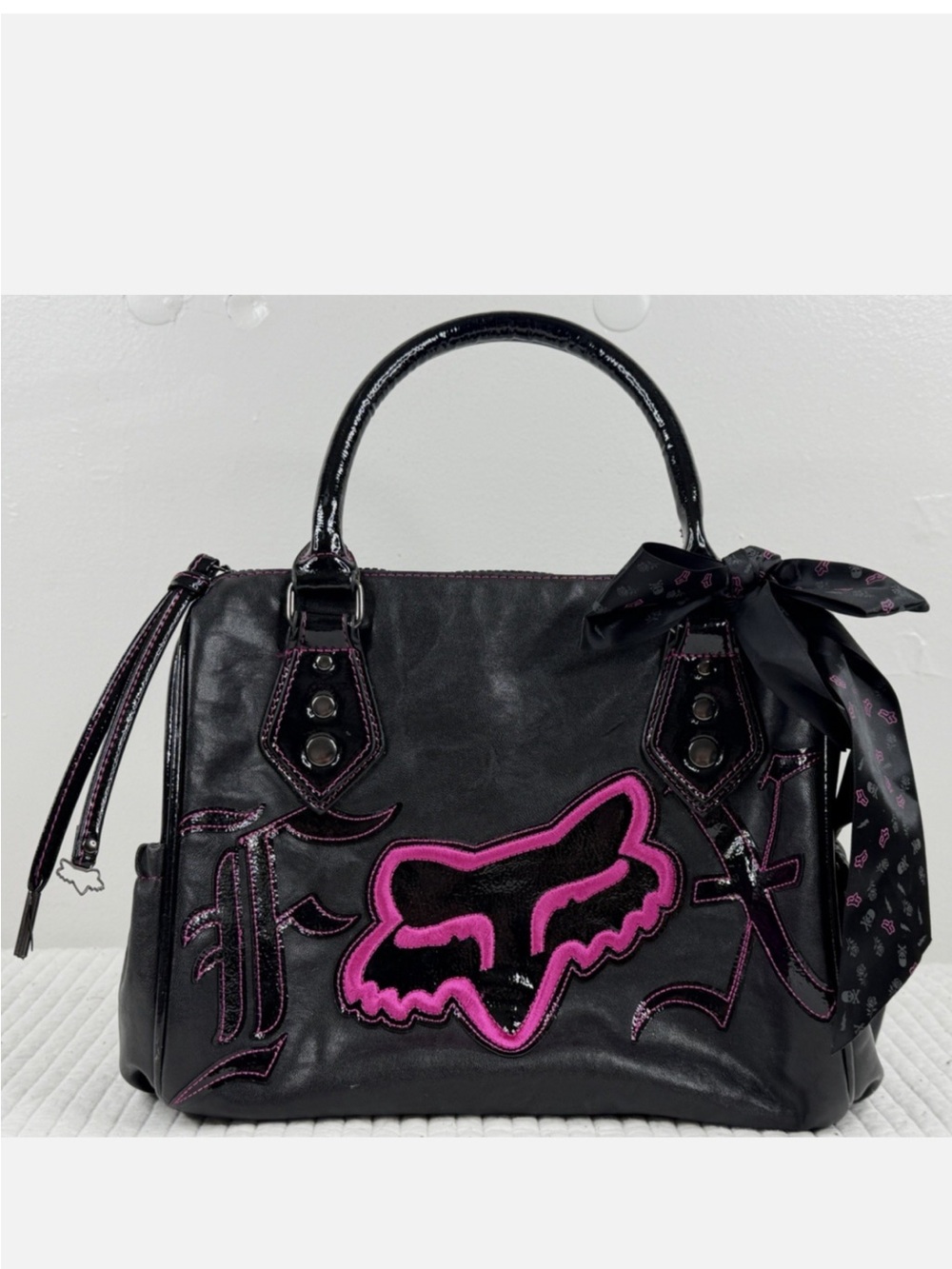 Fox Black Satchel with Pink Logo & Scarf Accent